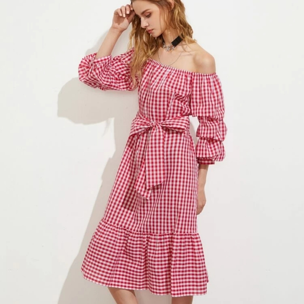 Red Gingham Dramatic Puff Pick Up Sleeves Ruffle Bottom Off Shoulder Dress S - Picture 13 of 15
